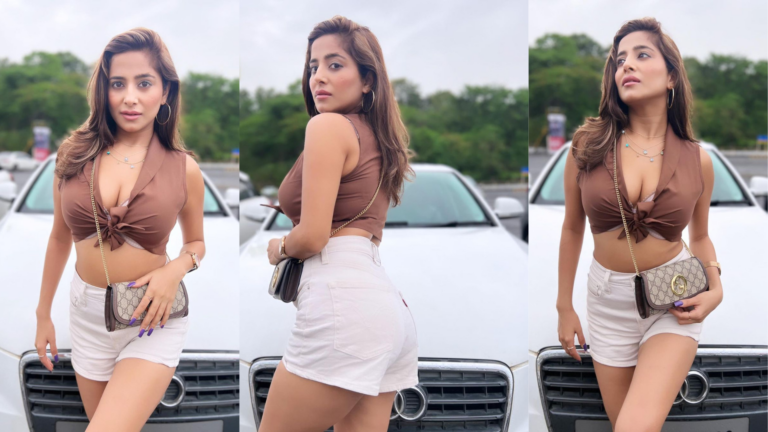 Actress Kate Sharma Stuns in a Brown Tie-Up Crop Top and White Shorts