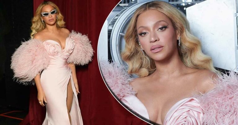 Beyonce radiates grace and elegance in pastel pink feathered gown queen bey shines.